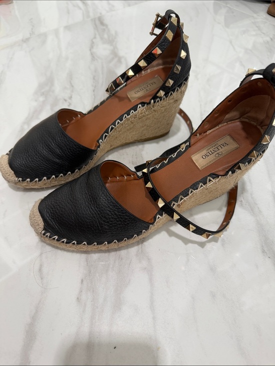 Valentino Garavani Shoes - Valentino Garavani Black Leather Studded Espadrille Wedge Sandals